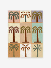 Nine-panel palm tree poster with stylised fronds on pastel, blue, and neutral backgrounds