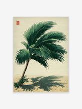 Palm tree poster with dark green fronds casting a long shadow on pale sand, red seal mark in corner