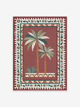 Tropical Palm Tree Poster featuring two palm trees and a succulent in a decorative pot, surrounded by a maroon and beige patterned border.