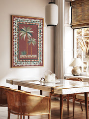Tropical Palm Tree Poster featuring two palm trees and a succulent in a decorative pot, surrounded by a maroon and beige patterned border. - Image 2