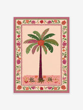Palm tree poster with pink and green leaves, a maroon trunk, and a vibrant floral border in an Indian illustrative style.