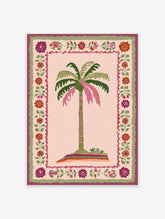 Tropical palm tree poster with pink and green fronds on an island, surrounded by a folk art floral border with red, purple, and pink flowers.