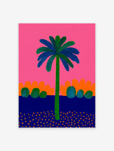 Vibrant palm tree poster with green trunk and blue/green dotted leaves against a bright pink sky, orange hills, and dark blue ground with orange flecks.