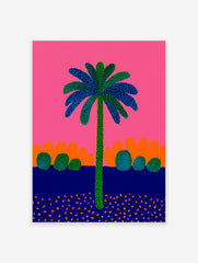 Vibrant palm tree poster with green trunk and blue/green dotted leaves against a bright pink sky, orange hills, and dark blue ground with orange flecks.