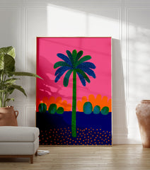 Vibrant palm tree poster with green trunk and blue/green dotted leaves against a bright pink sky, orange hills, and dark blue ground with orange flecks. - Image 3
