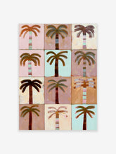 Nine-panel grid of painted palm trees in pastel pink, mint and tan, coastal botanical poster