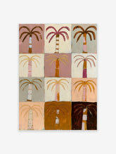 Nine-panel grid of painted palm trees in pink, brown, cream and grey, colourful botanical poster