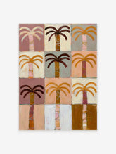 Nine-panel grid of stylised palm trees in pink, brown, and orange on a square canvas