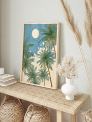 Textured palm tree wall art with green fronds and brown trunks against a blue sky with a large, bright moon or sun. - Image 3