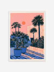 Retro illustration of palm trees and potted plants against a geometric building facade with a sunset in a pink sky
