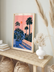 Retro illustration of palm trees and potted plants against a geometric building facade with a, in an alternate framed mockup