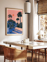 Retro illustration of palm trees and potted plants against a geometric building facade with a, in a styled room mockup
