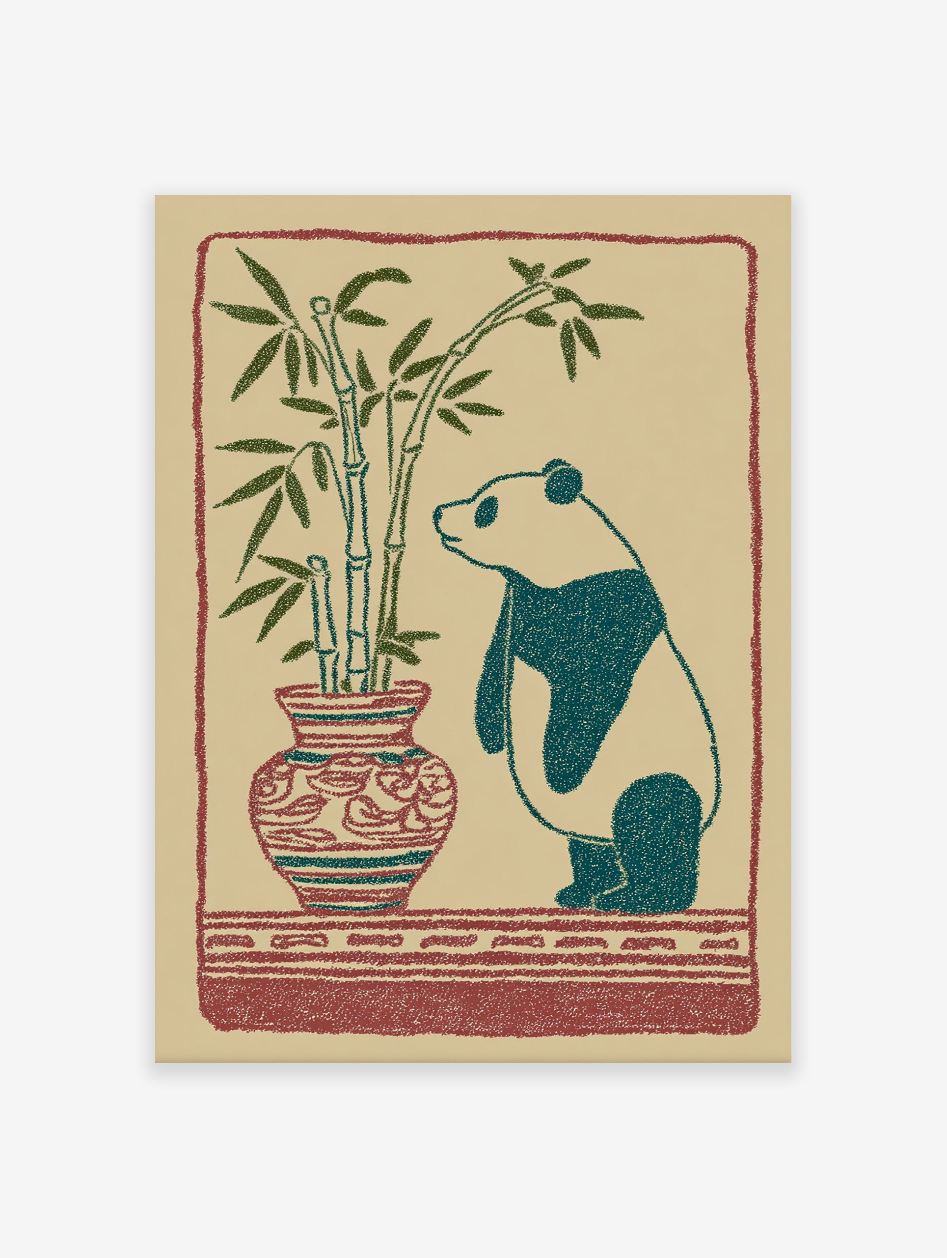 Illustrated art print of a panda looking at bamboo in a patterned vase with a red border on a beige background.