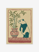 Illustrated art print of a panda looking at bamboo in a patterned vase with a red border on a beige background.