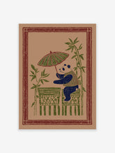 Illustrated panda art print holding an umbrella surrounded by bamboo on a brown background, in a folk art style.