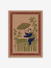 Illustrated panda art print holding an umbrella surrounded by bamboo on a brown background, in a folk art style.