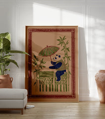 Illustrated panda art print holding an umbrella surrounded by bamboo on a brown background, in a folk art style. - Image 3