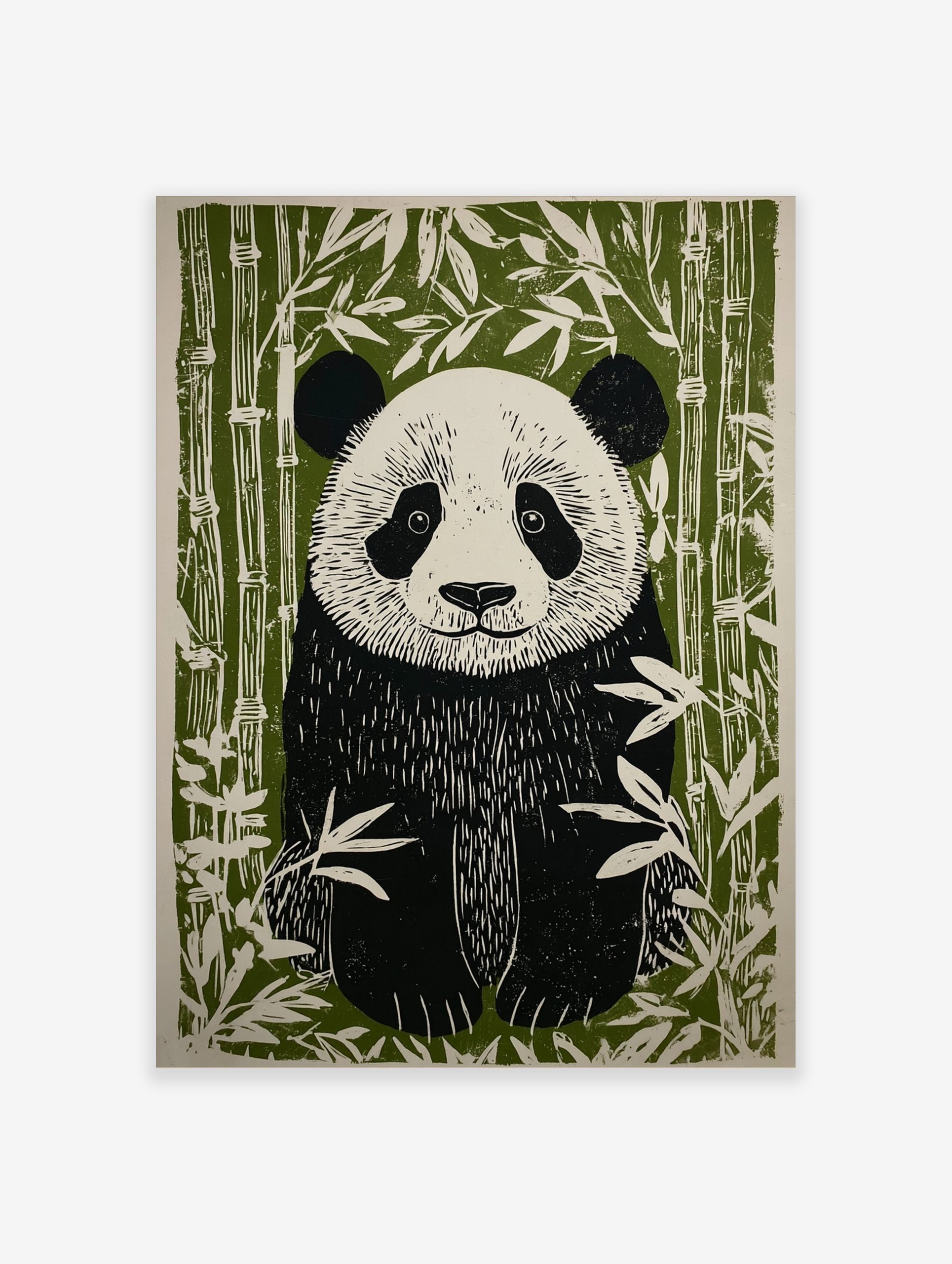 Linocut style illustration of a giant panda sitting among green bamboo stalks and leaves