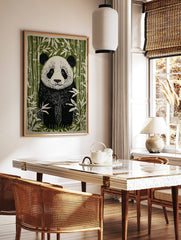Linocut style illustration of a giant panda sitting among green bamboo stalks and leaves, in a styled room mockup