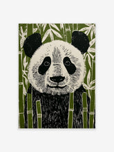 Illustrative linocut style panda bear art print in black, white, and green bamboo forest
