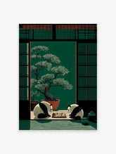 Illustrative print of two pandas playing chess in a Japanese room with a large bonsai tree and green wall