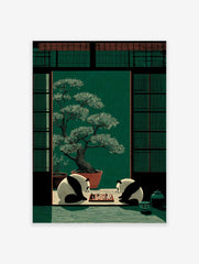 Illustrative print of two pandas playing chess in a Japanese room with a large bonsai tree and green wall