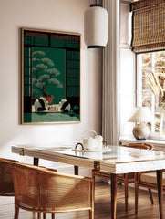 Illustrative print of two pandas playing chess in a Japanese room with a large bonsai tree and, in a styled room mockup