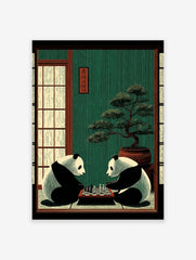Illustrative print of two pandas playing chess in a traditional Japanese room with a bonsai tree and shoji screens