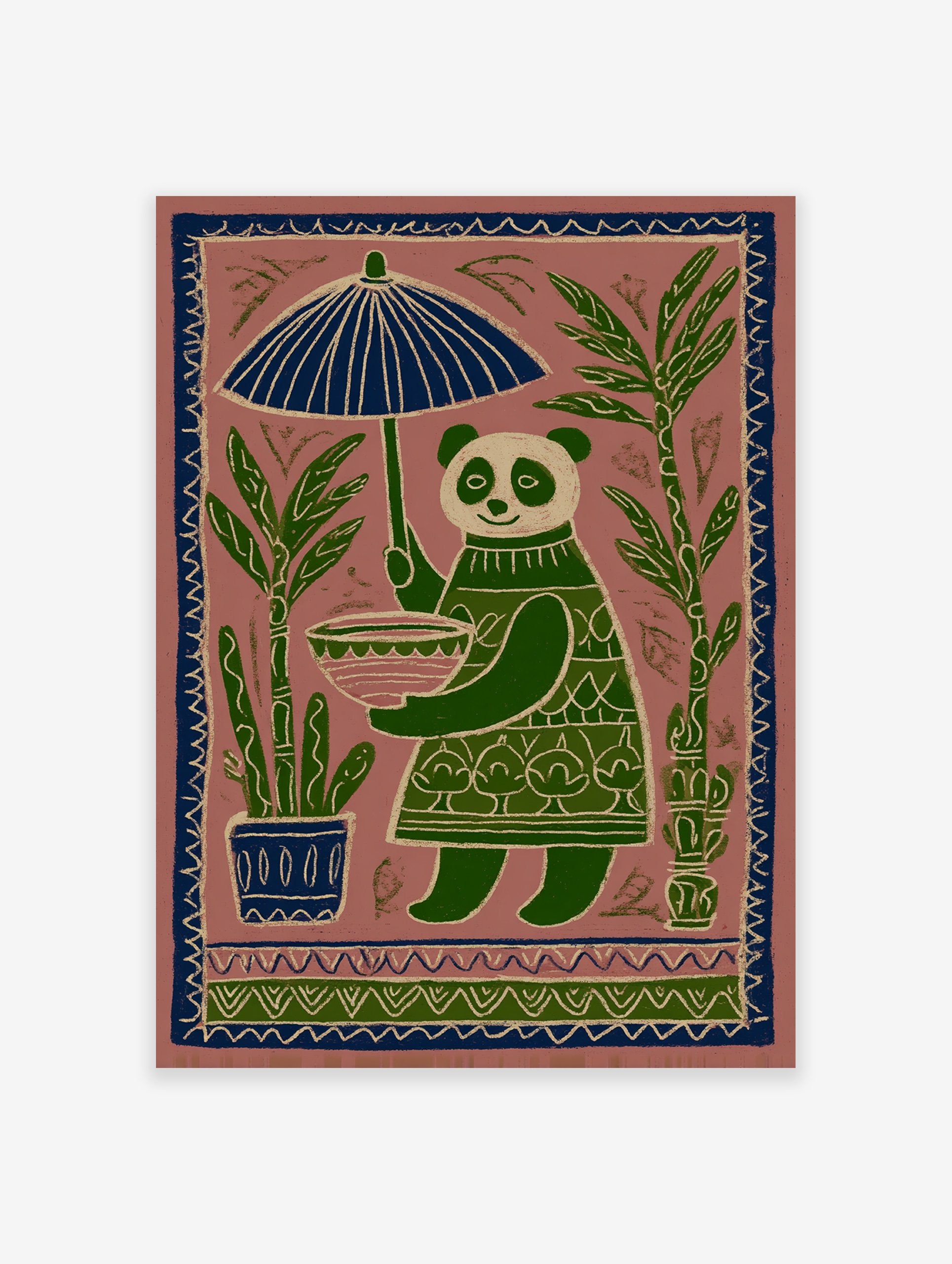 Folk art illustration of a panda holding an umbrella, surrounded by green bamboo and plants in a pinkish-brown background.