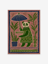 Folk art illustration of a panda holding an umbrella, surrounded by green bamboo and plants in a pinkish-brown background.