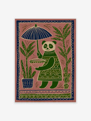 Folk art illustration of a panda holding an umbrella, surrounded by green bamboo and plants in a pinkish-brown background.