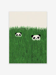 Minimalist illustration of two cute panda faces peeking from tall green grass.