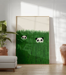 Minimalist illustration of two cute panda faces peeking from tall green grass. - Image 3
