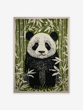 Linocut-style illustration of a black and white panda with green bamboo stalks and leaves