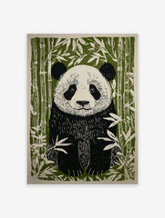 Linocut-style illustration of a black and white panda with green bamboo stalks and leaves