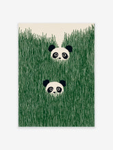 Two cute panda faces peeking out of tall, vibrant green grass in an illustrative wall art print.