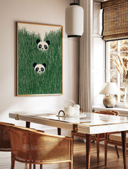 Two cute panda faces peeking out of tall, vibrant green grass in an illustrative wall art print. - Image 2
