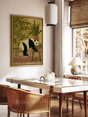 Illustrated panda wall art print in an indoor setting with bamboo plants, a patterned rug, and a stool. - Image 2