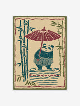 Illustrated panda holding a red umbrella with bamboo stalks in a Japanese style art print on a light background.