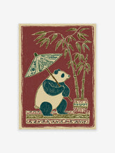 Illustrative panda holding a patterned umbrella next to potted bamboo plants on a decorative base against a red background.