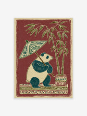 Illustrative panda holding a patterned umbrella next to potted bamboo plants on a decorative base against a red background.