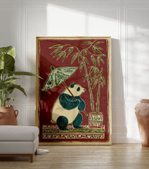 Illustrative panda holding a patterned umbrella next to potted bamboo plants on a decorative base against a red background. - Image 3