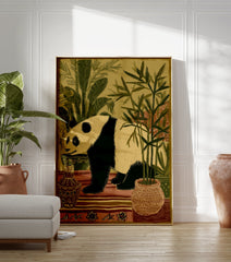 Illustrative panda wall art print with black and beige panda surrounded by green bamboo and plants in earth tone pots. - Image 3