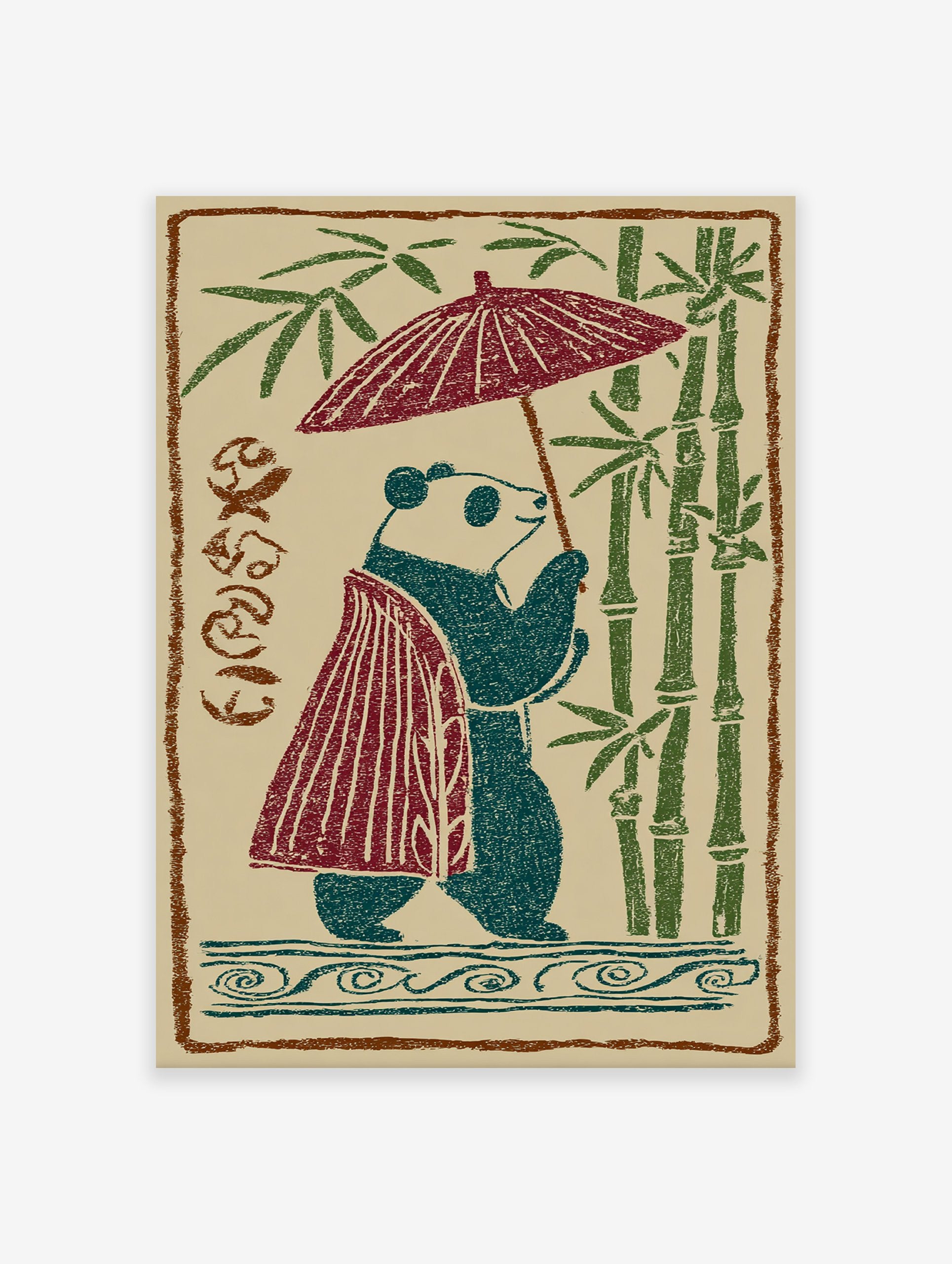 Japanese panda illustration walking with an umbrella and wearing a cape, surrounded by green bamboo stalks on a beige background.