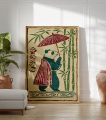 Japanese panda illustration walking with an umbrella and wearing a cape, surrounded by green bamboo stalks on a beige background. - Image 3