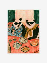 Two pandas in sunglasses at a red table with dim sum, teapot and orange slices, colourful animal poster