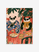 Two pandas in sunglasses and scarves at a red table with dim sum, teapot and oranges