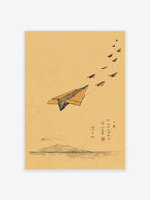 Minimalist paper airplane illustration wall art with mountains and water on a brown background, featuring a lead paper plane.