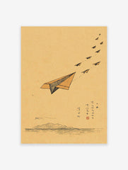 Minimalist paper airplane illustration wall art with mountains and water on a brown background, featuring a lead paper plane.