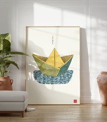 Illustrated paper boat art print with Japanese calligraphy on white background, featuring yellow, green, and blue colors. - Image 3